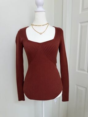 Abercrombie & Fitch Ribbed Knit Bodysuit Brown Long Sleeve Square Neck Fitted S